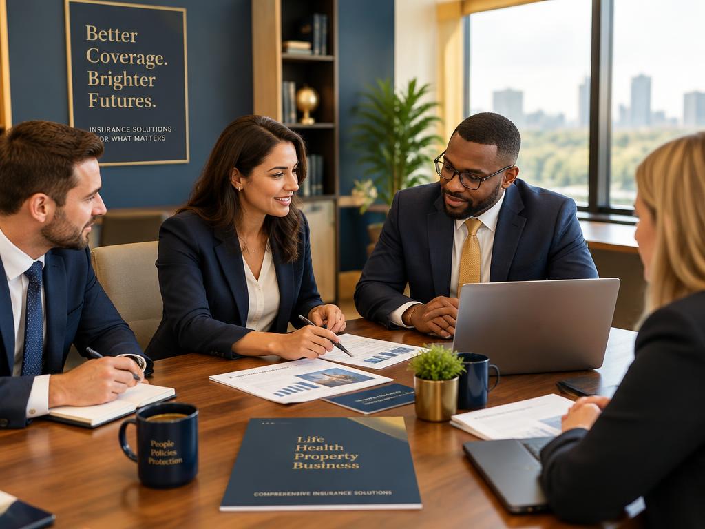Insurance sales agents collaborating around a conference table
