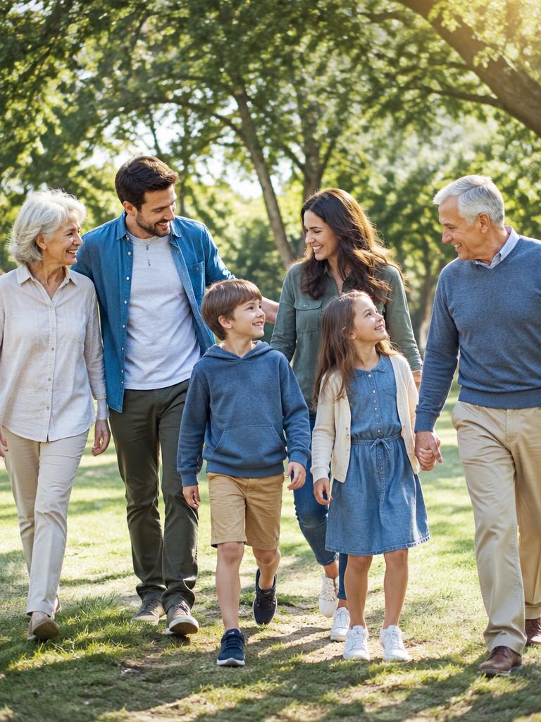 Multigenerational family walking in a sunlit park